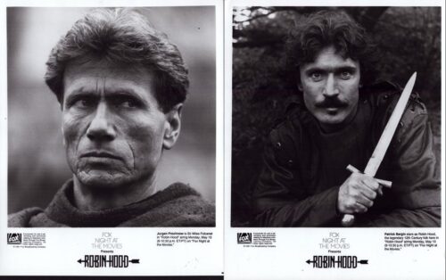 Two black-and-white Robin Hood lobby cards side by side: left a stern close-up of a man, right a man gripping a large knife in a forest setting.