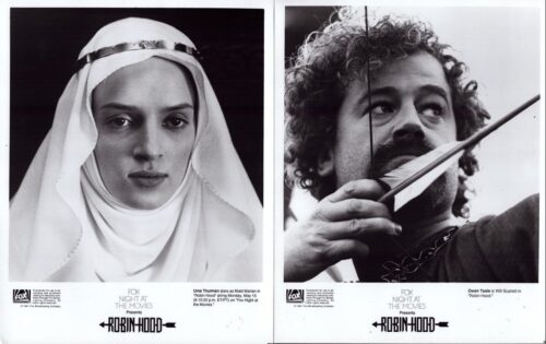 Two black-and-white Robin Hood posters side by side: left shows a woman in a white veil, right a man drawing a bow and arrow.