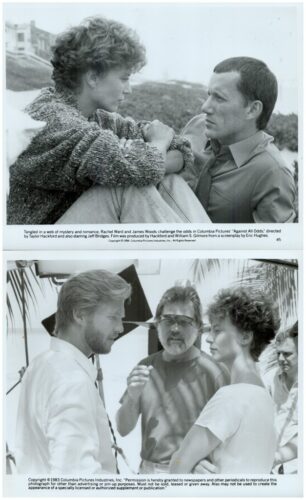 Two black-and-white film stills: top shows a woman and man in a close conversation on a beach; bottom shows a man, woman, and director on a sunny set.