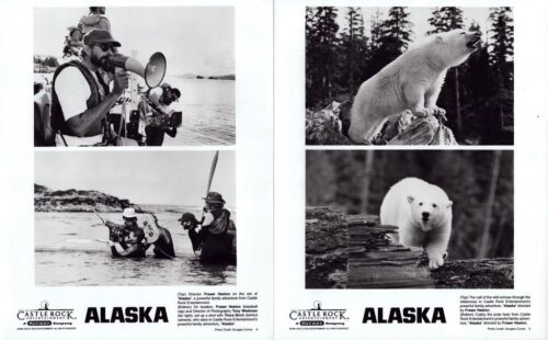 Two-page Alaska poster: left shows film crew filming on water; right shows Arctic wildlife (fox and white bear cub).