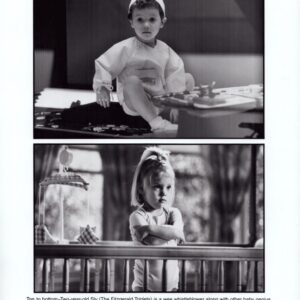 Two black-and-white portraits of young children: a toddler in a nurse uniform seated on a bed, and a girl with arms crossed leaning on a railing beside a toy.