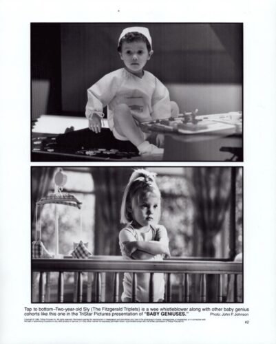 Two black-and-white portraits of young children: a toddler in a nurse uniform seated on a bed, and a girl with arms crossed leaning on a railing beside a toy.