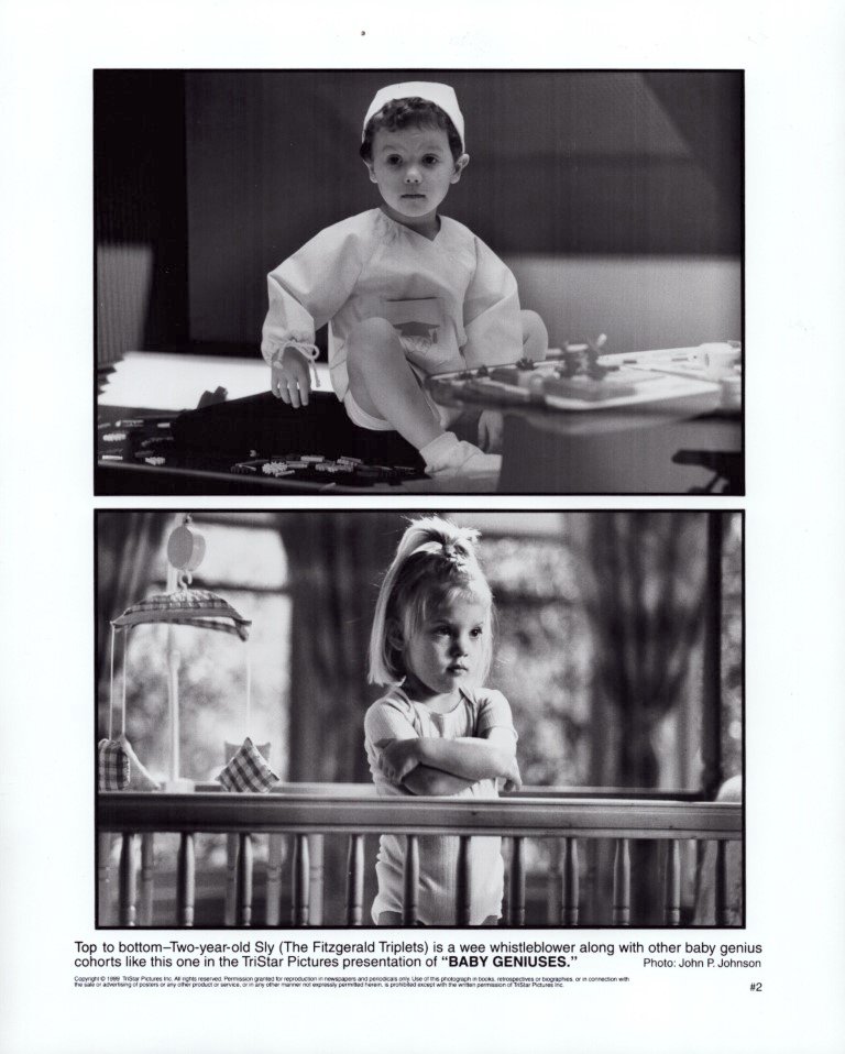 Two black-and-white portraits of young children: a toddler in a nurse uniform seated on a bed, and a girl with arms crossed leaning on a railing beside a toy.