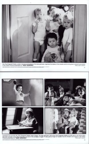 Black-and-white collage of babies in a doorway plus smaller film stills, promoting the movie Baby Geniuses.