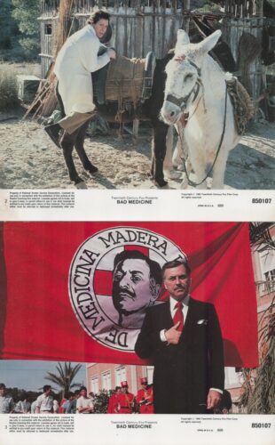 Two-panel movie poster for Bad Medicine: top shows a man in a white coat beside a saddled horse in a rustic yard; bottom shows a man in a suit in front of a large red banner with a circular emblem.