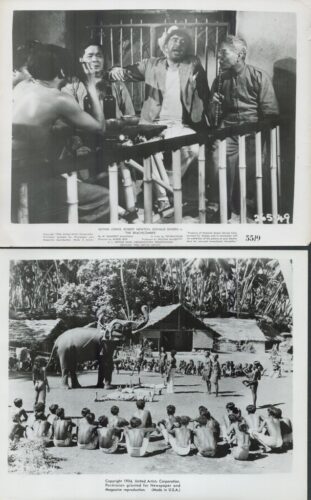 Two black-and-white photos: top shows men on a porch behind bars with one gesturing, bottom shows an outdoor village scene with an elephant performing for a crowd of barefoot spectators.