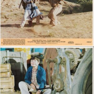 Two-panel image: top shows a staged desert fight with three men in period clothing amidst dust and rocks; bottom shows a man sitting in a cluttered workshop with large machinery and ropes nearby.