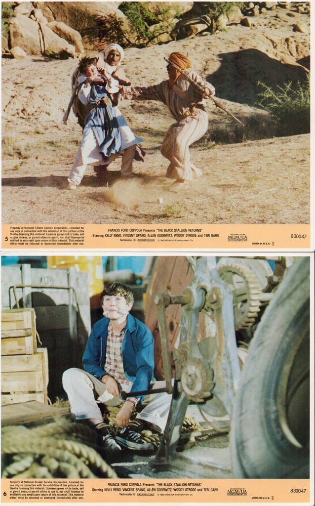 Two-panel image: top shows a staged desert fight with three men in period clothing amidst dust and rocks; bottom shows a man sitting in a cluttered workshop with large machinery and ropes nearby.