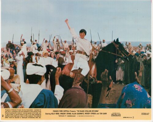 Actor on a horse raises his fist in triumph amid a cheering crowd on a sandy beach; a still from The Black Stallion Returns (1983).