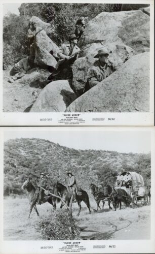 Two black-and-white film stills from Blood Arrow: top panel shows frontiersmen crouched among large rocks with rifles, in a rugged rocky setting; bottom panel shows riders on horseback and a covered wagon moving along a dusty trail across a hilly landscape.