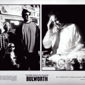 Two-panel black-and-white Bulworth movie poster: left panel shows a group of three people; right panel shows a man in a shirt and tie talking on the phone, with the Bulworth title and credits beneath.