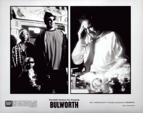 Two-panel black-and-white Bulworth movie poster: left panel shows a group of three people; right panel shows a man in a shirt and tie talking on the phone, with the Bulworth title and credits beneath.