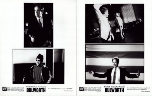 Promotional black-and-white stills from the film Bulworth on a two-page spread (left page: man in suit and a second image of a beanie-wearing man; right page: two more photos with men interacting and posing).
