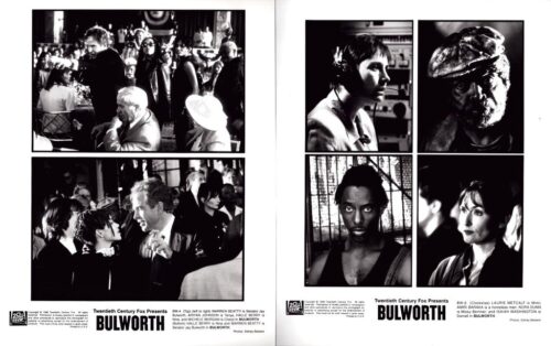 Two-page Bulworth poster in black and white; left page shows crowded party scenes, right page features four character portraits with the Bulworth title at the bottom.