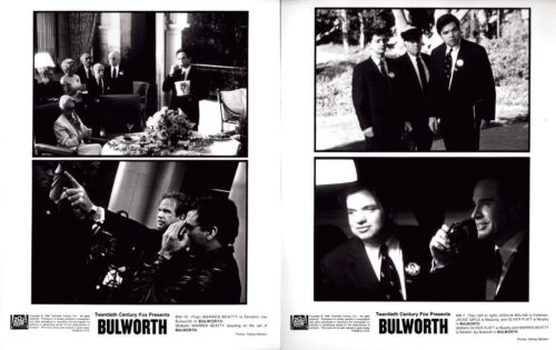 Two-page spread of Bulworth promo photos: top left shows guests at a party, man toasting at a table; bottom left features two men in a dramatic scene with a hand gesture. Right page top: three men in suits walking outdoors; bottom right: two men in a car, one toasting with a glass.]