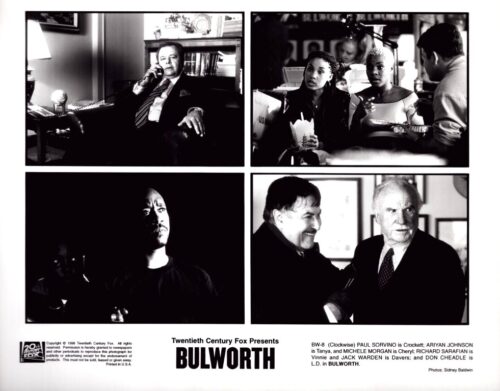 Four-panel Bulworth poster collage: man on the phone in an office; two women and a man with drinks at a cafe; a man in shadow; two men smiling in a meeting.