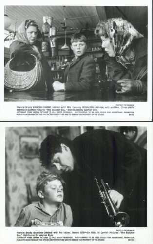 Two black-and-white film stills: top panel shows two women in headscarves and a boy at a shop counter; bottom panel shows a man bending toward a seated boy with a trumpet next to them.