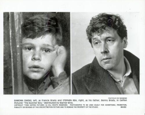 Two black-and-white film stills side by side: a young boy on the left, a man in a coat on the right.