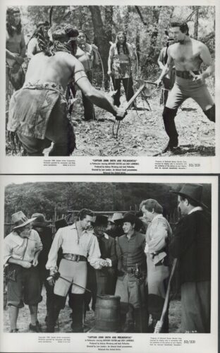 Top panel: two men duel with swords in a forest as onlookers watch in period costumes. Bottom panel: group of men in frontier outfits gathered around a barrel, conversing.
