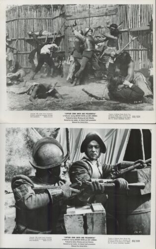 Black-and-white film stills showing a 17th-century battle: top panel inside a wooden palisade with fighters clashing; bottom panel two soldiers with muskets in a trench.