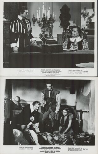 Two black-and-white film stills from Captain John Smith and Pocahontas: top panel shows a man in a judge’s robe standing by a table with a candelabrum while another man in period clothing sits at the table; bottom panel shows three people around a bed in a rustic room, with one person lying down and others standing or kneeling nearby.