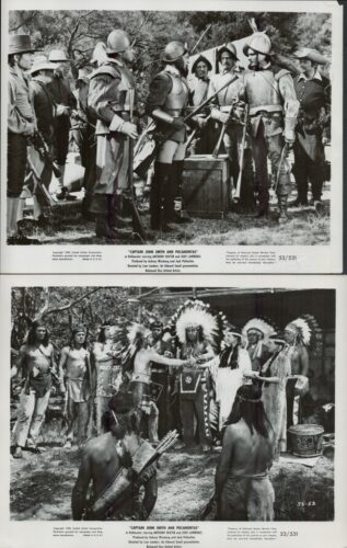 Two black-and-white panels depict a 17th‑century colonial scene: soldiers in armor and Native Americans in ceremonial dress with weapons and drums.