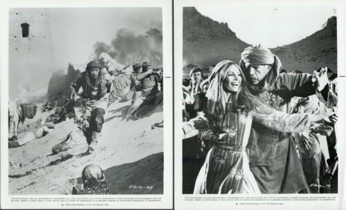 Two black-and-white film stills side by side: left shows soldiers running through a smoky battlefield, right shows a man and woman dancing together amid a crowd in a desert setting, with a festive, cinematic vibe.