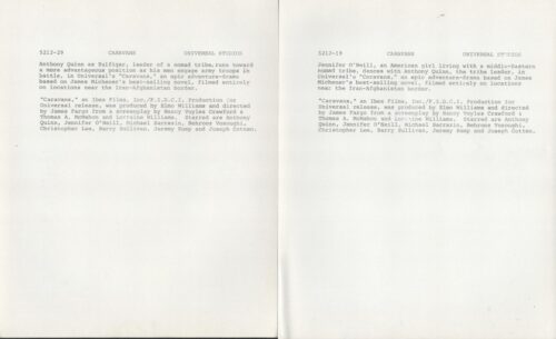 Two-page spread with a typed press release for the film 'Caravans' from Universal Studios, listing plot summary, production credits, and cast.