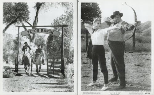 Two-panel black-and-white Western scene: left panel shows riders entering under a 'Teton Ranch' sign; right panel shows a man in a cowboy hat teaching a woman to shoot a bow in a desert landscape.