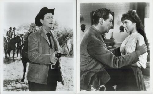 Two black-and-white panels: left shows a cowboy aiming a pistol in a desert landscape with riders in the background; right shows a man and woman embracing indoors.
