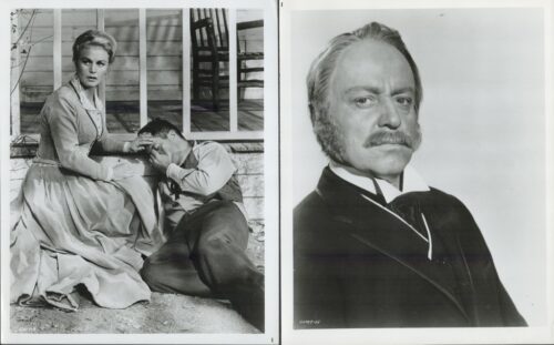 Left: a woman in a long dress sits with a man on step stairs; she consoles him as he covers his face with his hands.