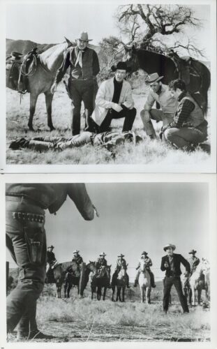 Top panel: Five men with saddled horses surround a man lying on the ground in a dry, brushy setting; a tense rescue scene.