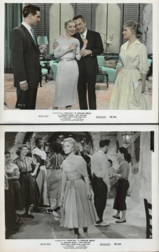 Two film stills: top shows a couple toasting with champagne in a mid‑century living room while two friends watch. Bottom shows a blonde woman in a pleated dress walking on a bustling studio set with extras and crew nearby.