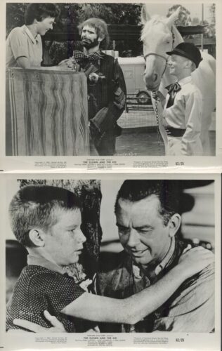 Top image: a bearded clown in a checked suit and large bow tie talks with a smiling woman beside a striped partition, as a white horse on a leash is held by a man in a hat in the background.