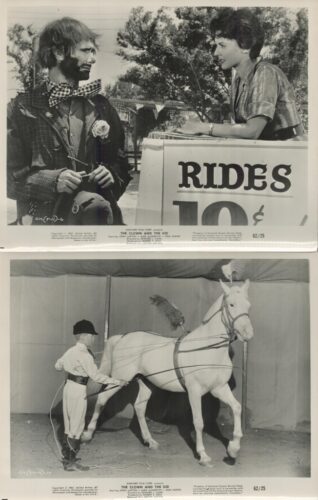 Two vintage black-and-white photos: top shows a clown with face makeup and a bow tie speaking with a woman near a 'RIDES' sign; bottom shows a boy in a uniform leading a white horse in a circus setting.