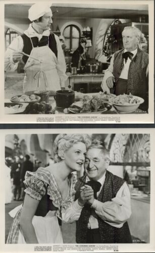 Top panel: Two men in a kitchen; a chef in white apron and hat gestures with a ladle toward an older man in a vest and bow tie beside cooked dishes.