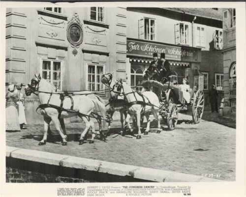 Horse-drawn carriage with a coachman on a cobblestone street in front of a storefront and crowd of onlookers.