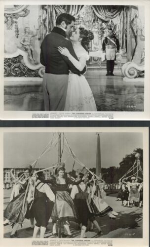 Two black-and-white photos: top shows a man and woman dancing in an ornate ballroom, bottom shows a group of people in traditional costumes dancing with ribbons outdoors.