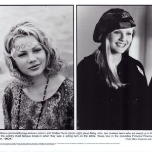 Two black-and-white portrait photos of young women side by side; left wears a floral headband and patterned top, right wears a hat and dark coat.