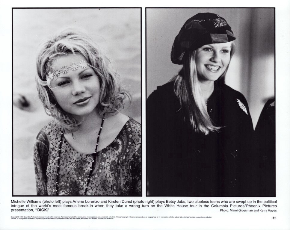 Two black-and-white portrait photos of young women side by side; left wears a floral headband and patterned top, right wears a hat and dark coat.