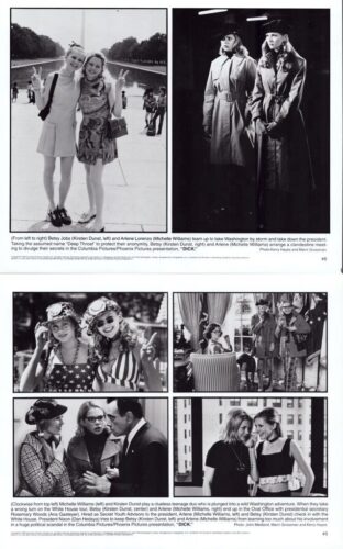 Collage of six black-and-white photos featuring women in vintage outfits posing and interacting, likely film promotional stills or themed fashion shots.