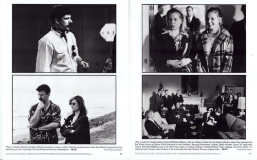 Four black-and-white film stills on a magazine spread: top-left a man with a mustache in a white shirt, top-right two women talking, bottom-left a man and woman on a beach, bottom-right people in a formal living-room meeting.