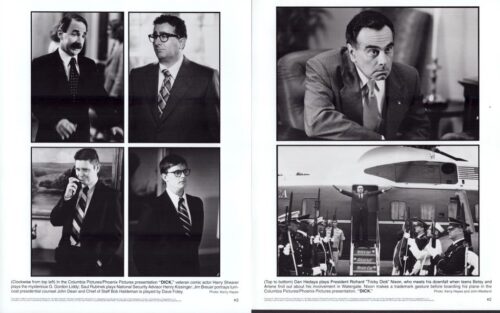 Two-page black-and-white spread: left page with four formal portrait photos of suited men, right page with a man at a desk and a ceremonial jet arrival