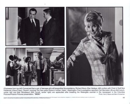 Three-panel newsroom montage: top-left two men in dark suits converse in a doorway; bottom-left a bustling hallway of staff walking and chatting; right panel a woman in a checked coat with a bow at the waist, wearing a pearl necklace, standing in a doorway.