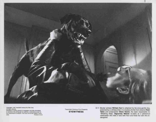 Man wearing glasses lies on his back as a menacing creature with large teeth looms over him in a dramatic horror film still.