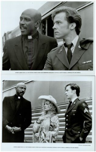 Two black-and-white photos: top image shows a priest in clerical collar speaking with a young man in a military uniform on a train platform; bottom image adds a woman in a wide-brimmed hat standing between them beside the same soldier, against a bus or train backdrop.