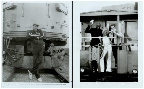 Two-panel vintage photo: left shows a man leaning against a large locomotive on railroad tracks; right shows three people in a train cab posing and taking a selfie.