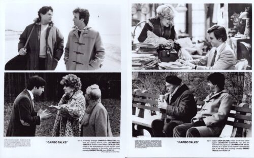 Quadruple black-and-white stills from the film Garbo Talks, showing four scenes of conversation: two men walking on a beach (top-left), a man at a desk with a woman in a busy street (top-right), a man explaining to two women outdoors (bottom-left), and an elderly man and a younger man sitting on a park bench (bottom-right).