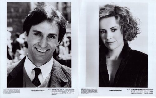 Pair of black-and-white headshots: man in suit on the left and woman in a dark jacket on the right, both smiling slightly, with 'Garbo Talks' captions beneath each.