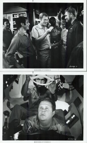 Two-panel behind-the-scenes photo: astronauts in uniforms chat in a sci‑fi control room setting on a Universal Studios set (top). A man sits in a cockpit while a crew member holds a prop helmet above him (bottom).
